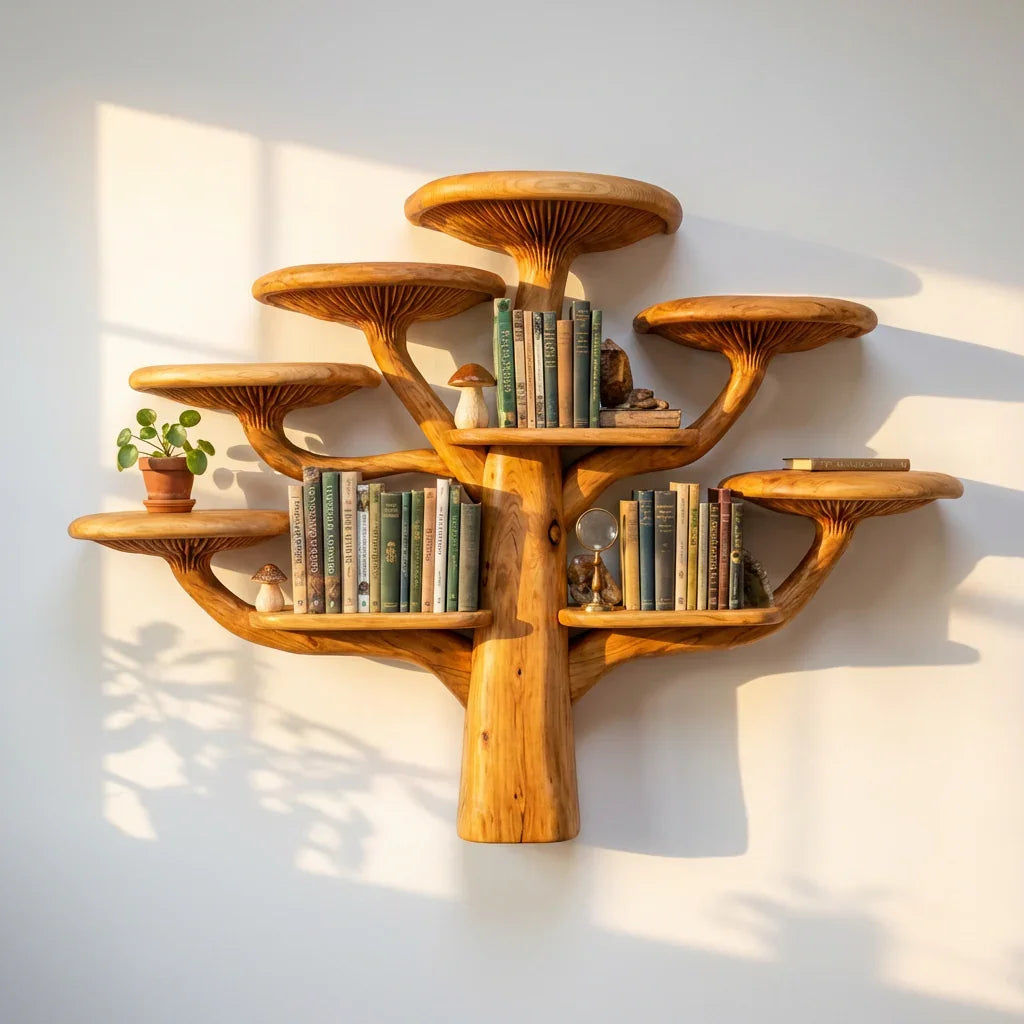 Floating mushroom shelves shaped like a tree branch holding books and plants