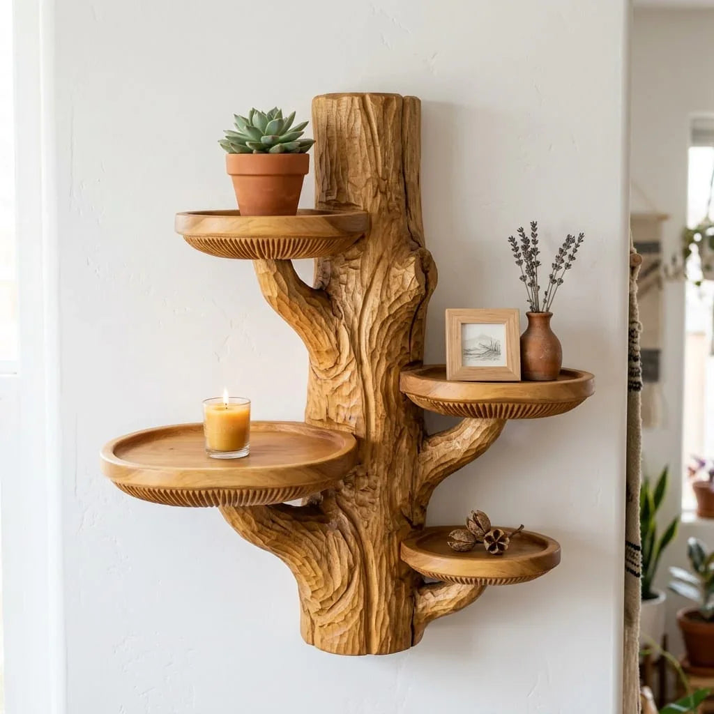 Rugged Bark Mushroom Wall Shelf with 4 Polished Round Tray Platforms - Handcrafted Solid Wood Stump-Style Floating Shelf with Raised Rim and Gill Band Detail - Ashdeco 2026