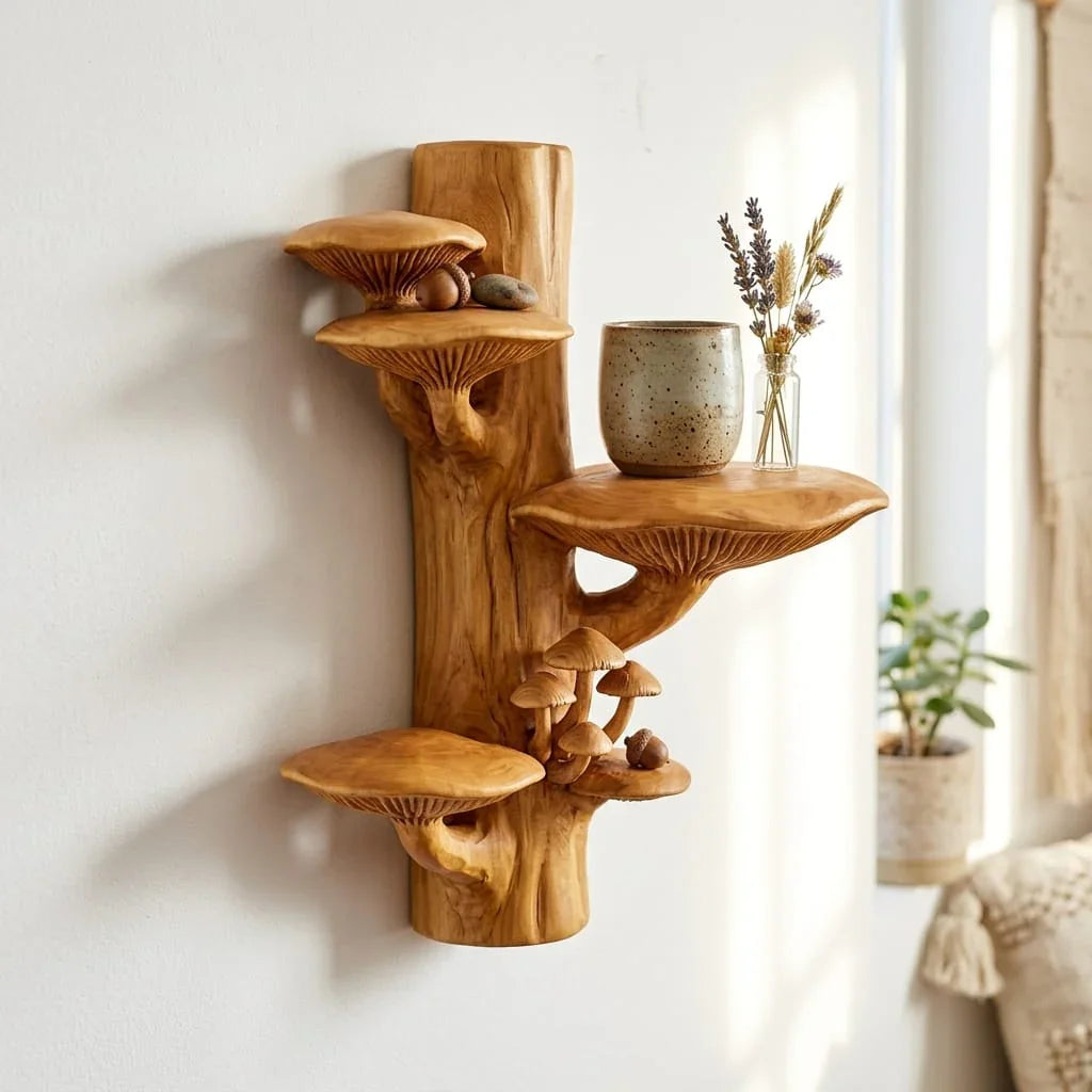 Mushroom Colony Tree Trunk Wall Shelf with 4 Bracket Cap Shelves and Carved Miniature Mushroom Cluster - Handcrafted Solid Wood Sculptural Floating Shelf with Decorative Forest Detail - Ashdeco 2026