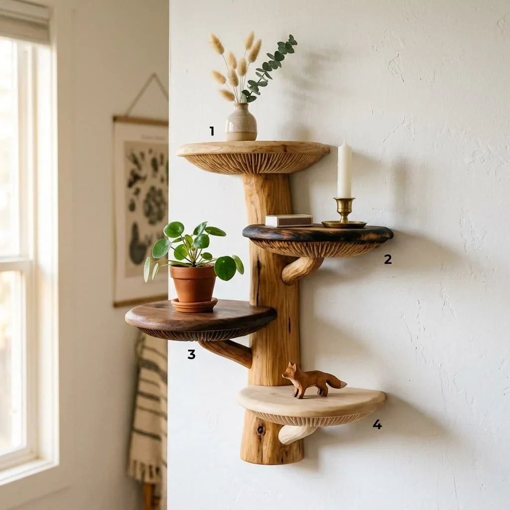 Two-Tone Mushroom Tree Wall Shelf with 4 Wide Round Platforms - Handcrafted Solid Wood Floating Shelf with Mixed Wood Caps and Visible Gill Carving - Ashdeco 2026