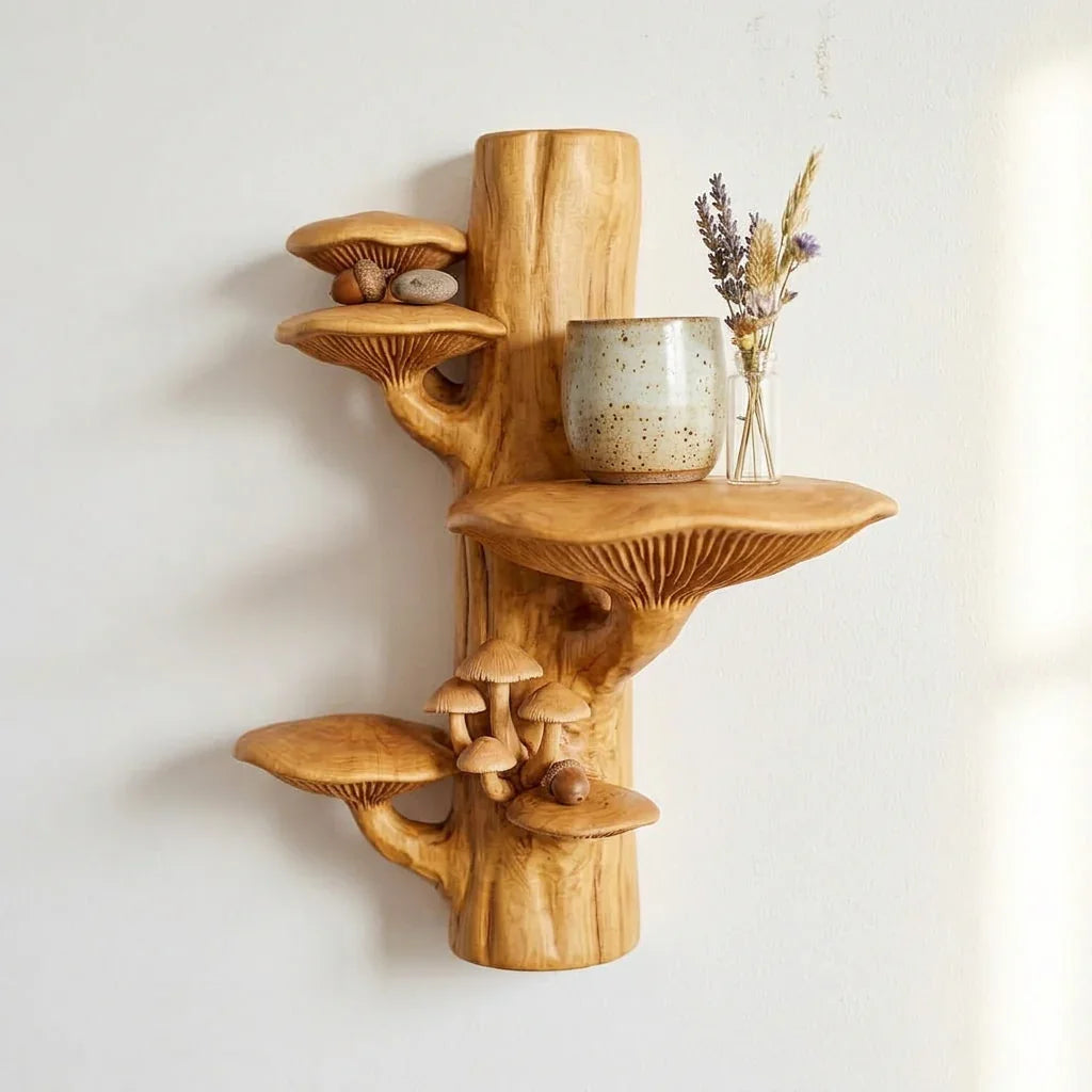 Mushroom Colony Tree Trunk Wall Shelf with 4 Bracket Cap Shelves and Carved Miniature Mushroom Cluster - Handcrafted Solid Wood Sculptural Floating Shelf with Decorative Forest Detail - Ashdeco 2026