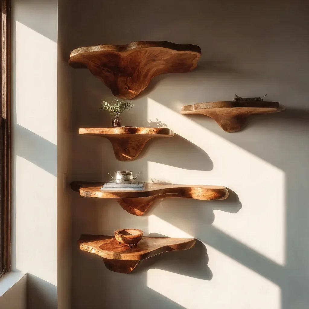 Live edge floating wood shelves mounted on wall, displaying minimal home decor in sunlight
