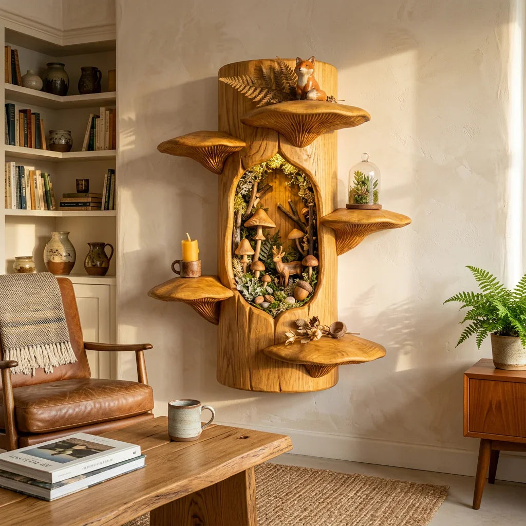 Mushroom Tree Trunk Wall Shelf with Woodland Niche - Handcrafted Solid Wood Display Shelf - Ashdeco 2026
