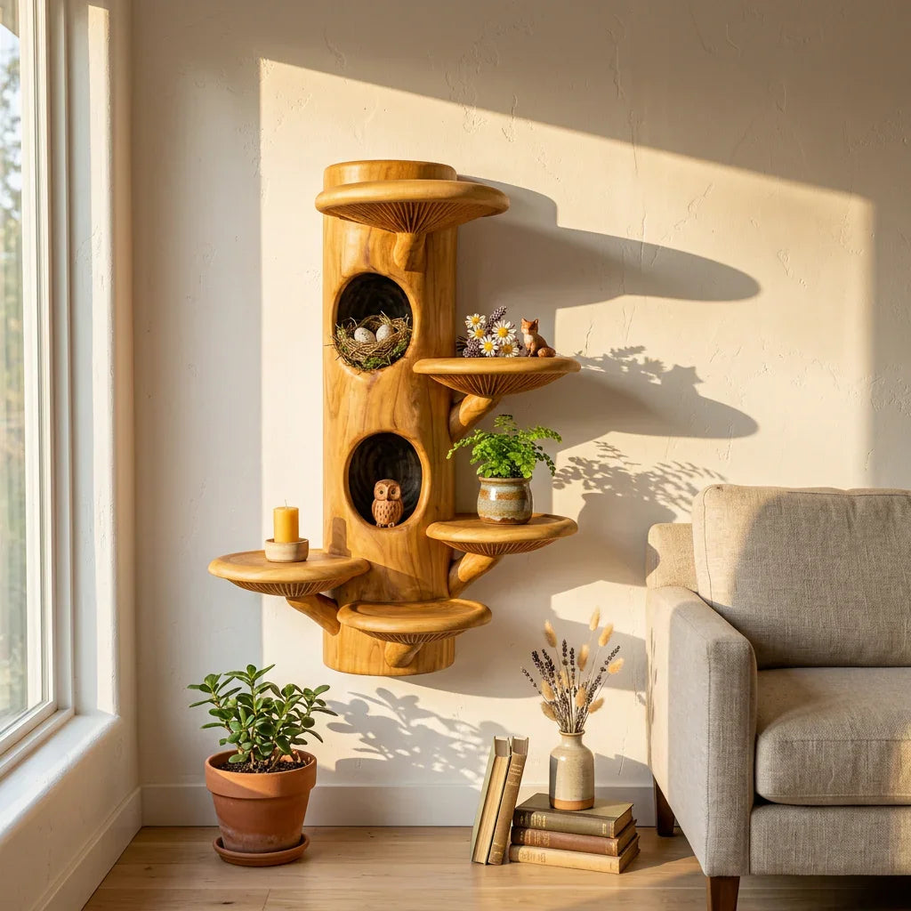 Floating mushroom shelves extending from a carved wooden log for whimsical room decor