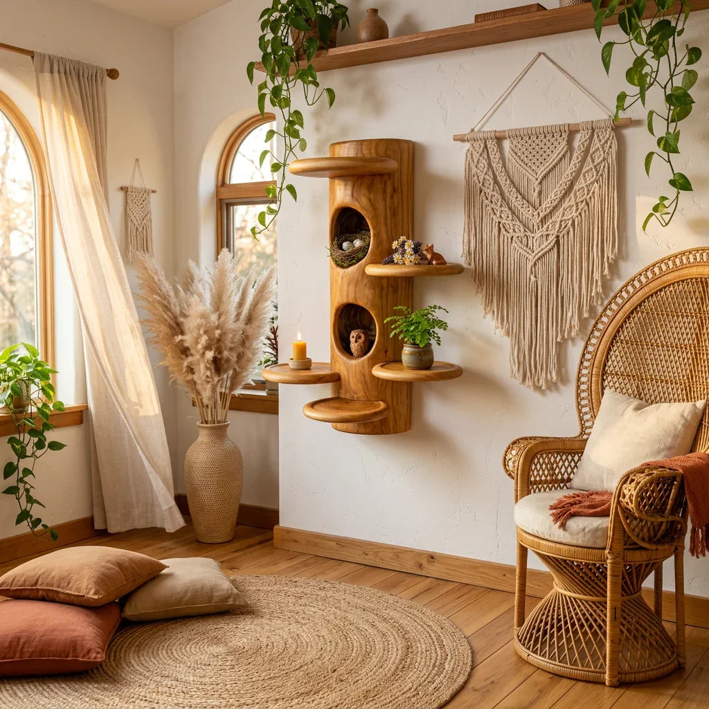 Mushroom wall shelf shaped like a tree trunk with a small owl figurine.