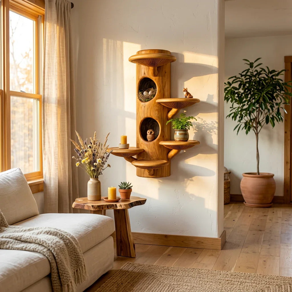 Mushroom wall shelf shaped like a tree trunk with a small owl figurine.