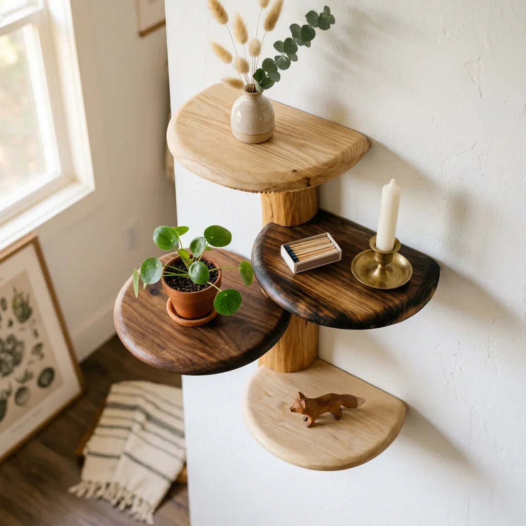 Two-Tone Mushroom Tree Wall Shelf with 4 Wide Round Platforms - Handcrafted Solid Wood Floating Shelf with Mixed Wood Caps and Visible Gill Carving - Ashdeco 2026