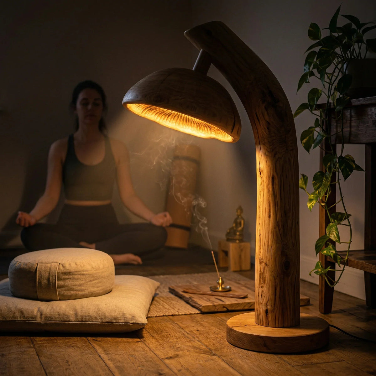 Natural wood mushroom floor lamp with a glowing shade, live edge base, and zen decor setting