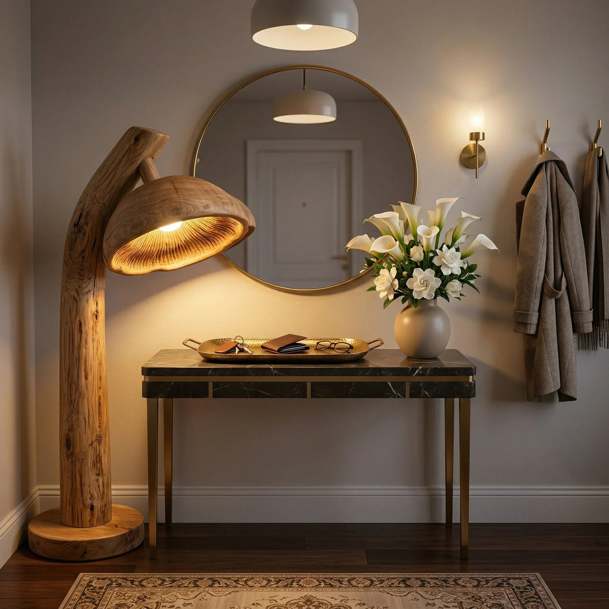 Natural wood mushroom floor lamp with sculpted log base in a modern entryway setting