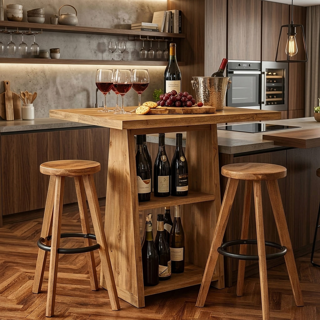 Japandi bar table made of natural wood with built-in wine storage shelf and matching wooden stools