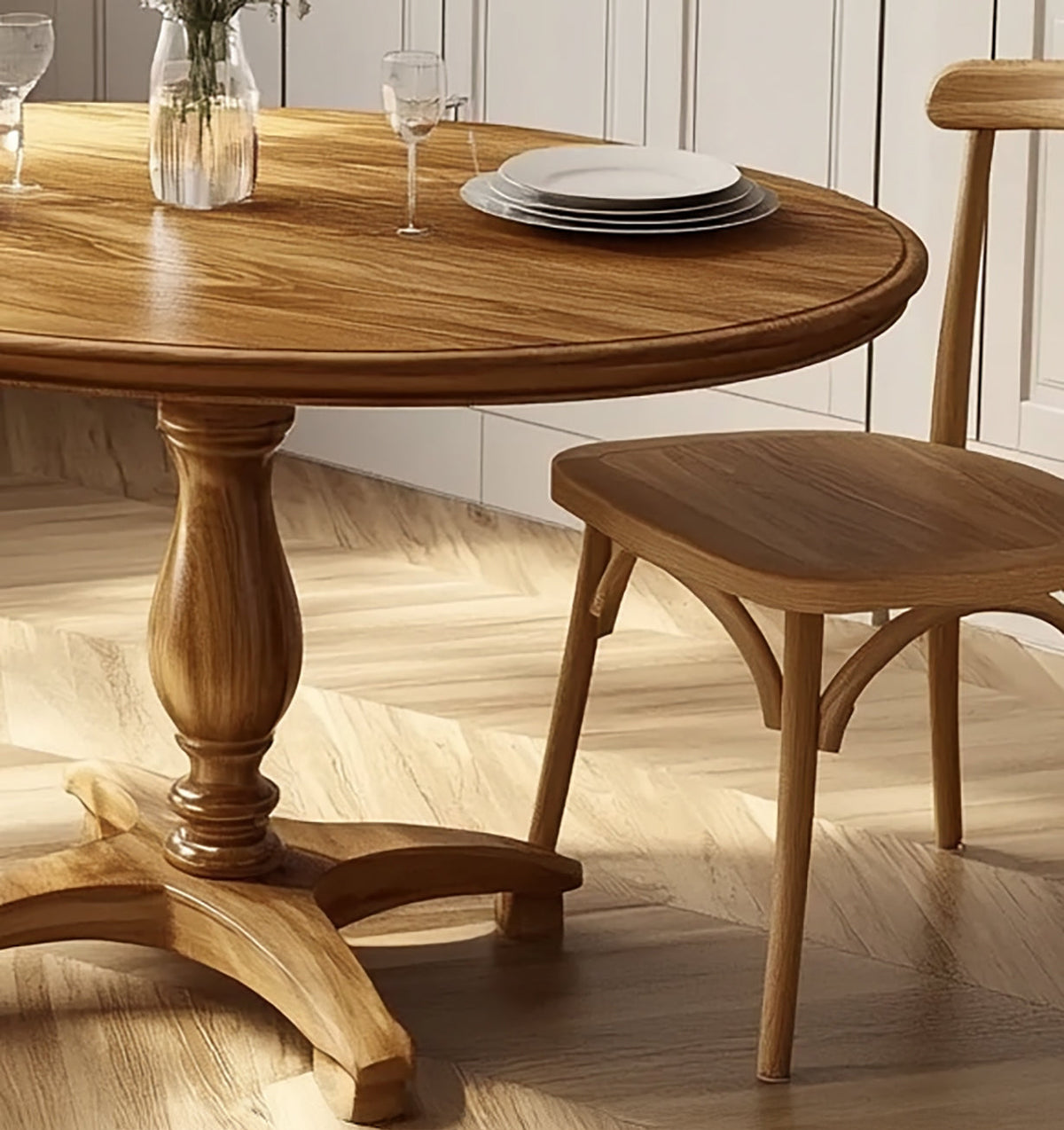 Round solid wood dining table for kitchen interiors