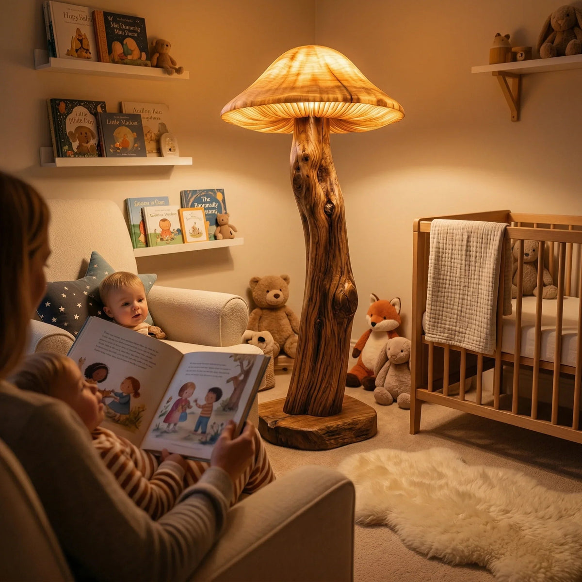 Mushroom floor lamp with translucent cap and sculpted wood base in cozy nursery room