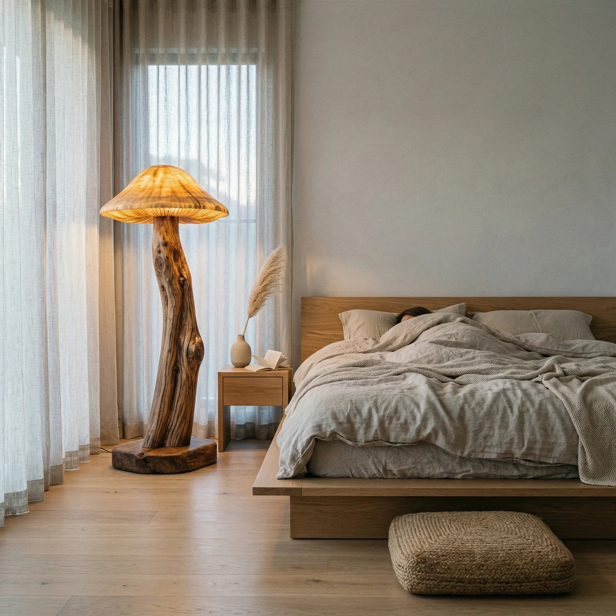 Mushroom-shaped wooden floor lamp with glowing cap beside bed in cozy minimalist bedroom