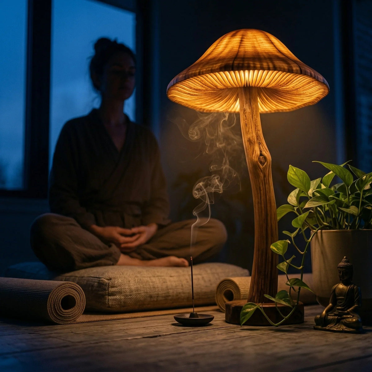 Mushroom-shaped wood floor lamp with glowing translucent cap and sculpted log stem on a live edge base, in a cozy indoor setting with plants and incense.