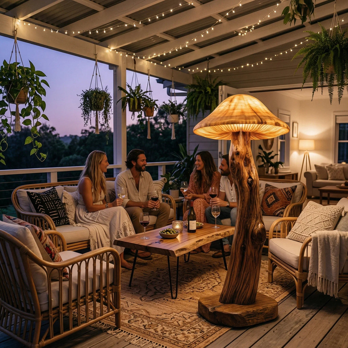 Mushroom-shaped floor lamp with glowing cap and sculpted wood log stem on live edge base in cozy outdoor seating area with people and string lights.