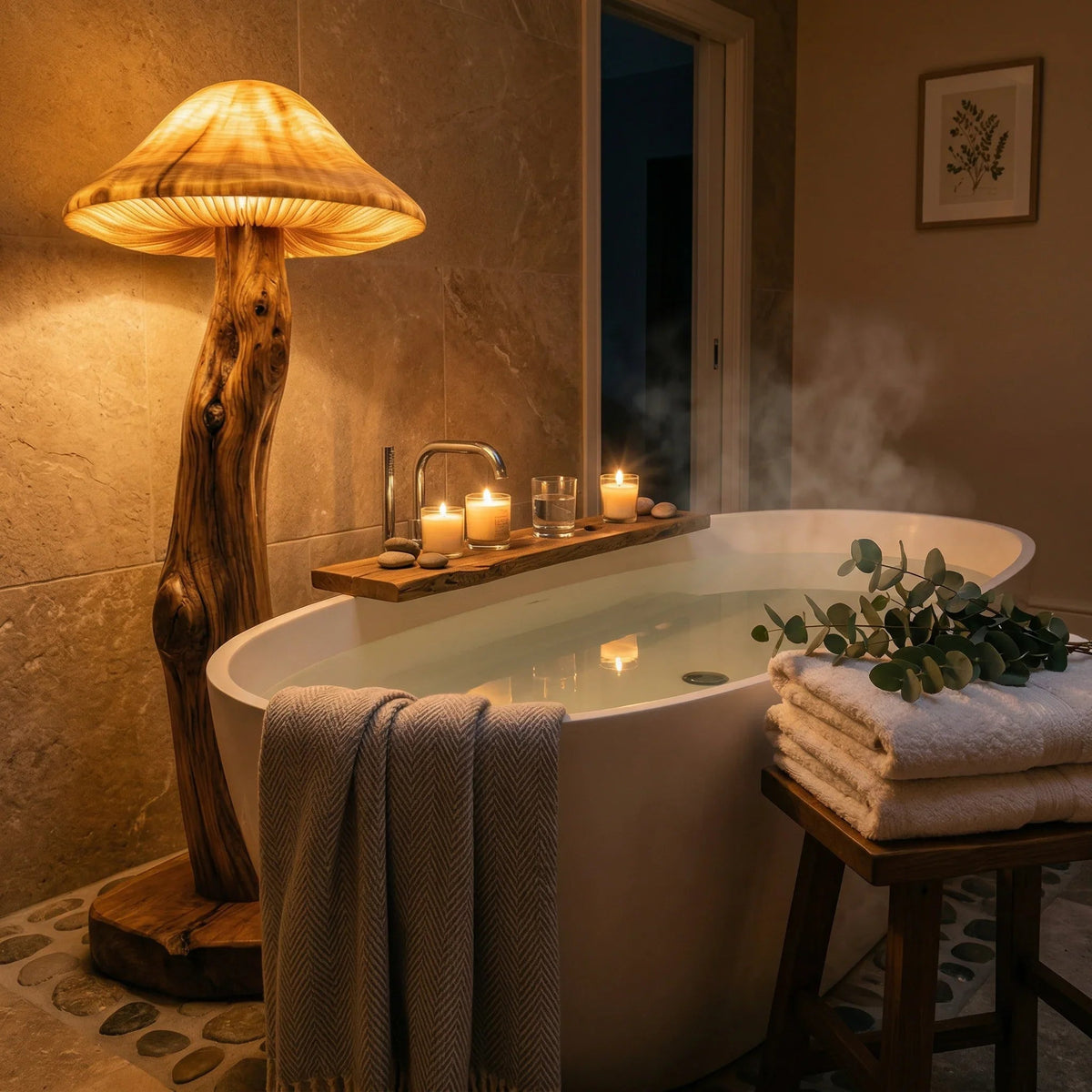 Mushroom floor lamp with translucent cap and sculpted wood log stem beside a bathtub