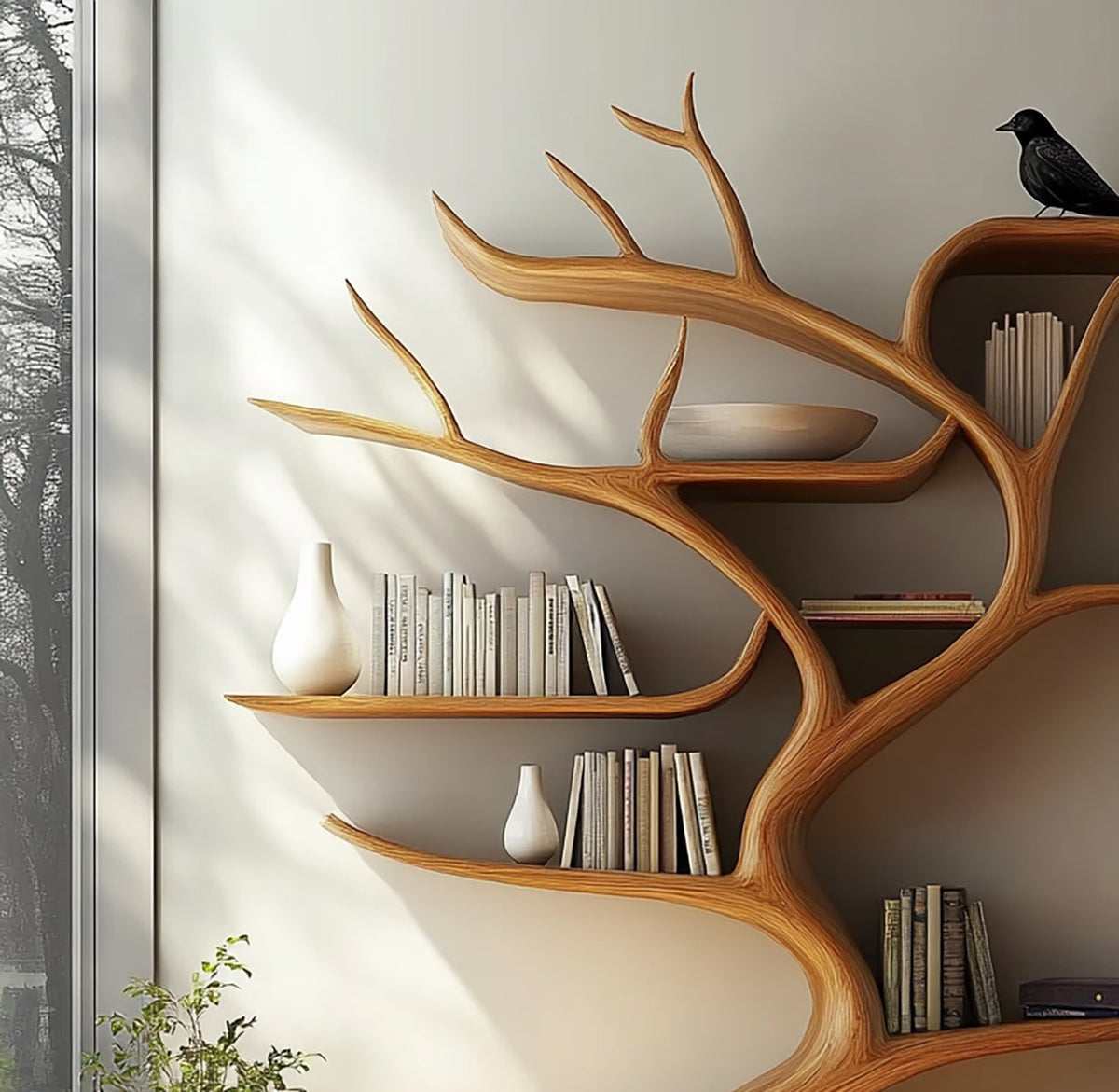 Live edge wood tree bookshelf for books and decorative display