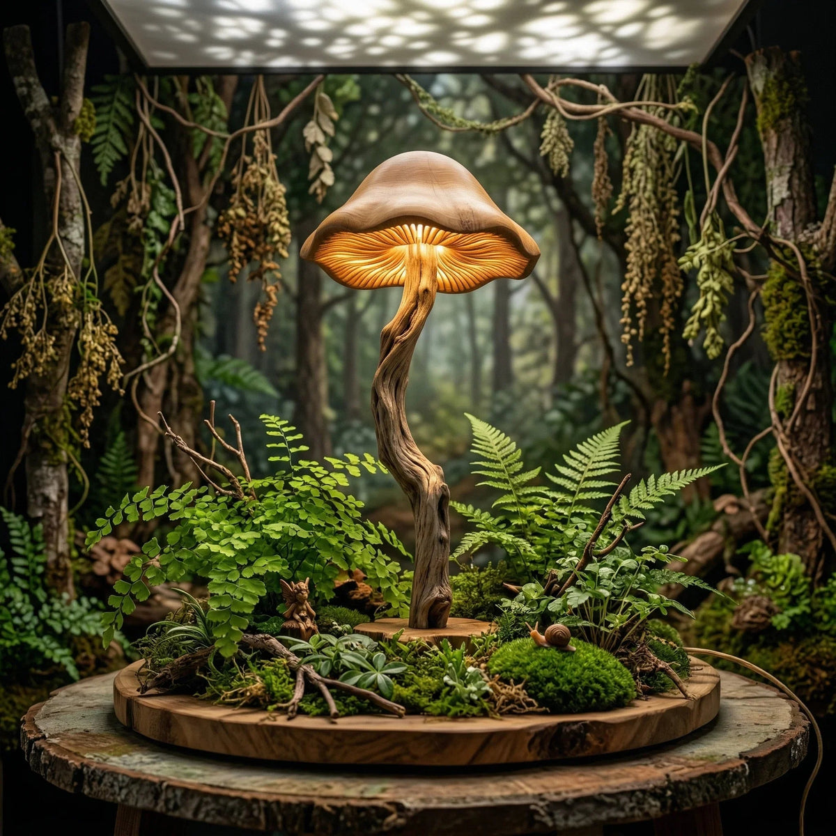 Organic mushroom-shaped floor lamp with driftwood base and hand-carved bell shade, surrounded by ferns and moss.