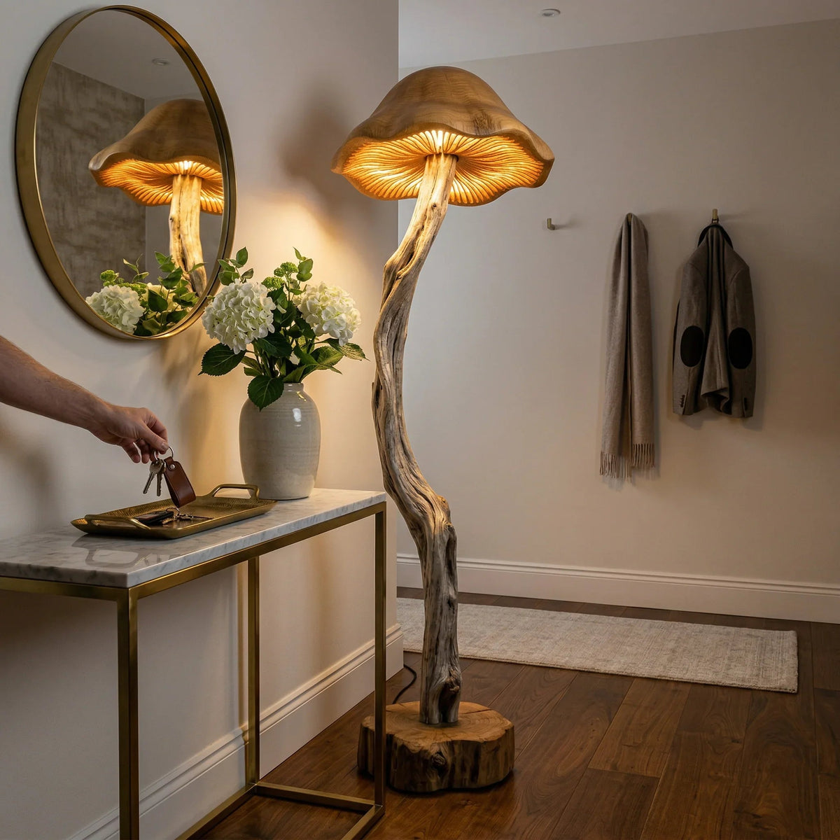 Organic driftwood mushroom floor lamp with hand-carved bell-shaped shade in modern entryway