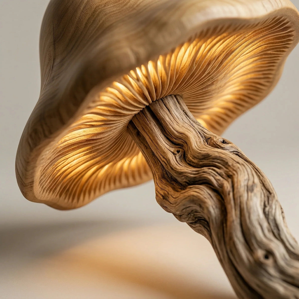 Organic driftwood floor lamp shaped like a mushroom with a hand-carved wood base