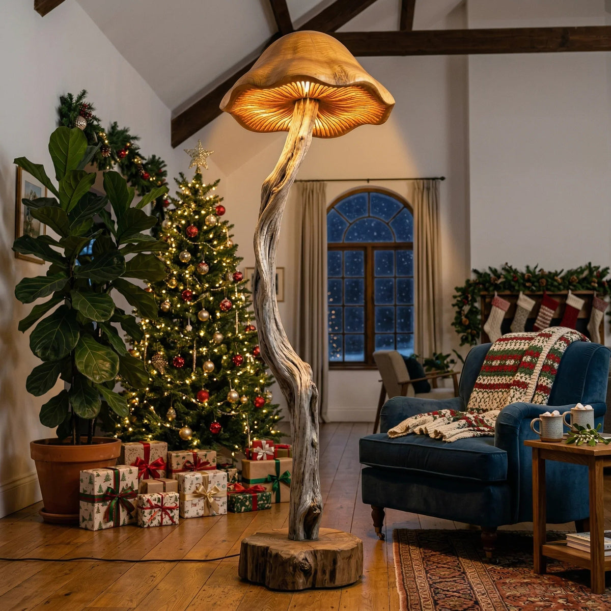 Organic driftwood mushroom floor lamp with hand-carved wood base in cozy holiday living room