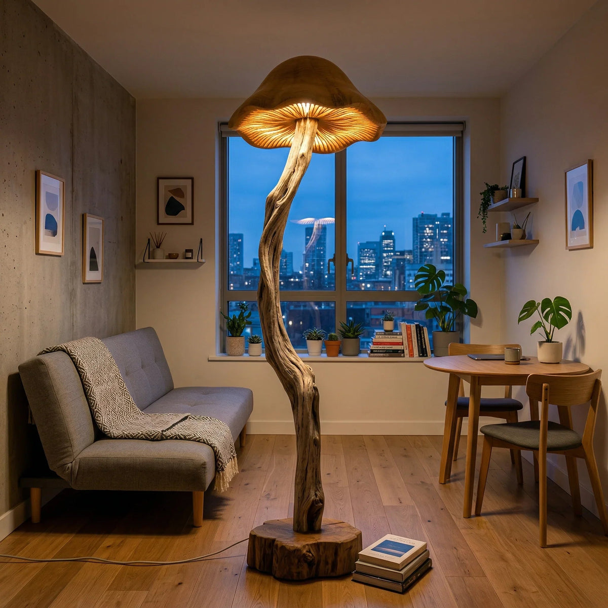 Organic driftwood mushroom floor lamp with hand-carved gill detail in cozy modern living room