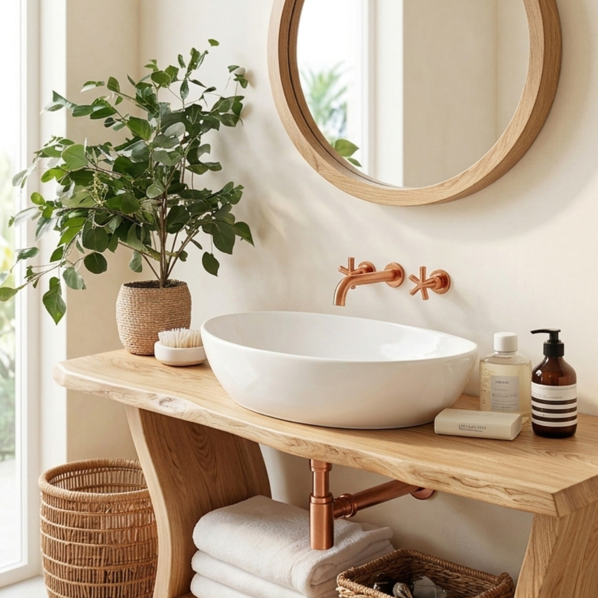 Modern solid wood bathroom vanity with sculptural base