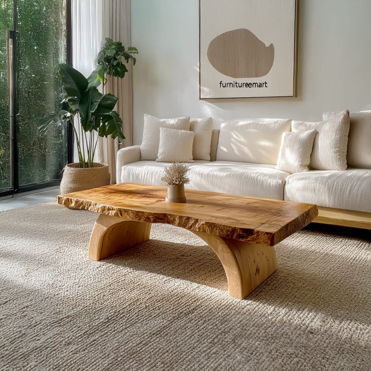 Organic live edge coffee table handcrafted from premium solid wood with a sculptural arch base