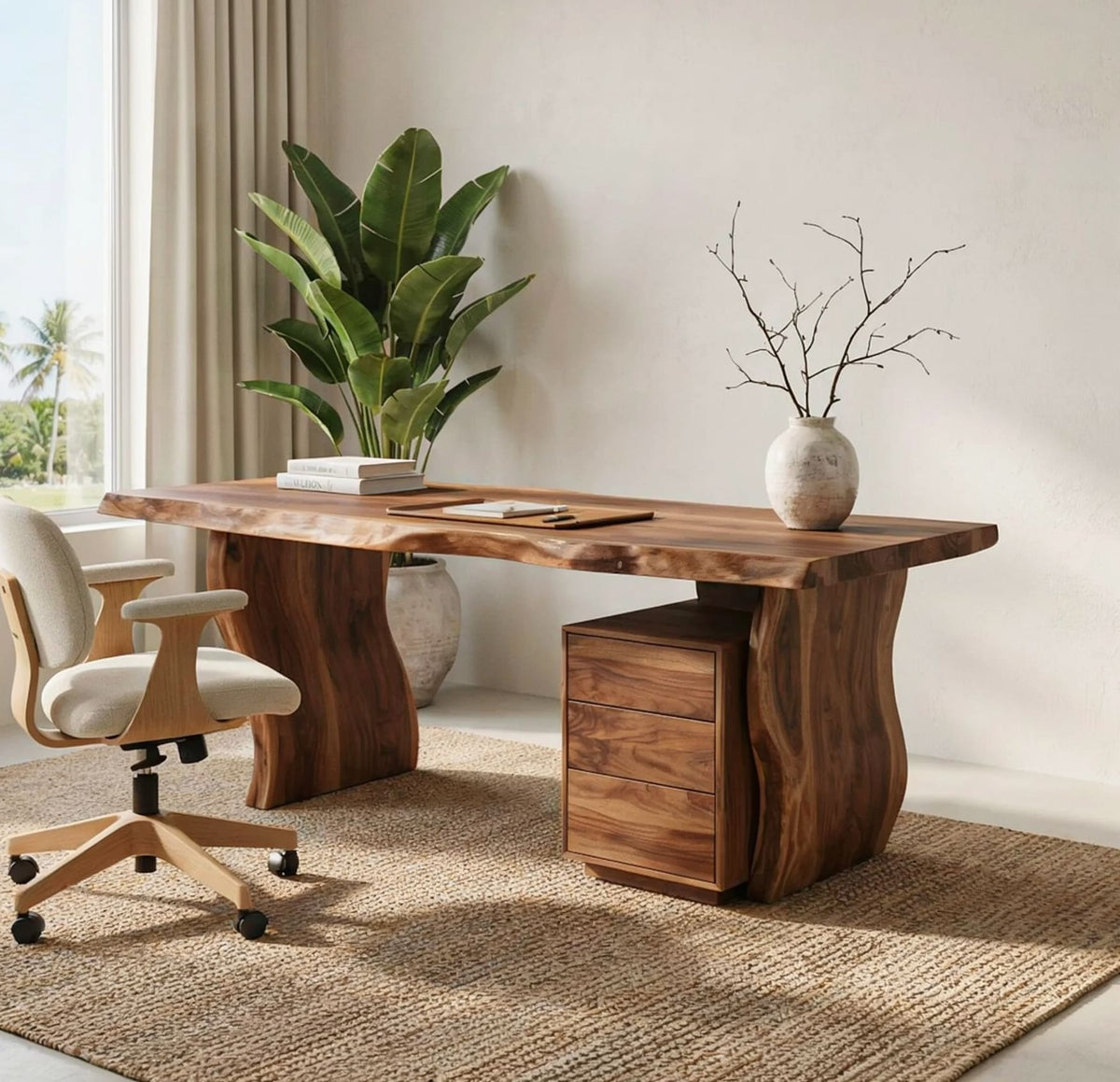 Organic live edge desk crafted from premium solid wood with storage