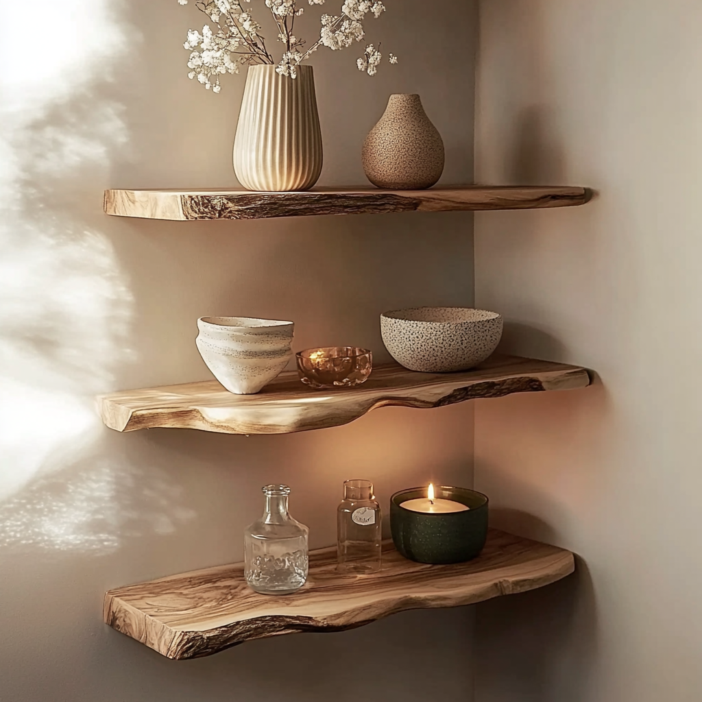 Organic wood floating shelves for living room display