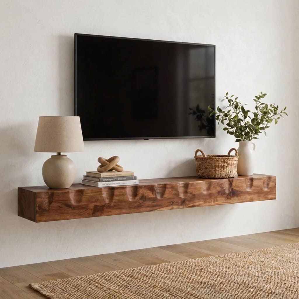 Floating live edge TV shelf paired with modern decor in a minimalist living space