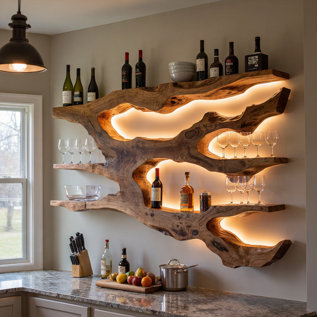 Organic live edge sculptural wall shelf in solid wood