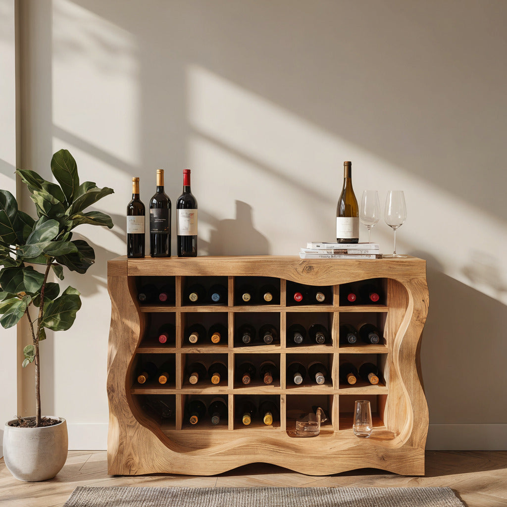 Modern solid wood wine display cabinet adding natural elegance to a stylish home bar