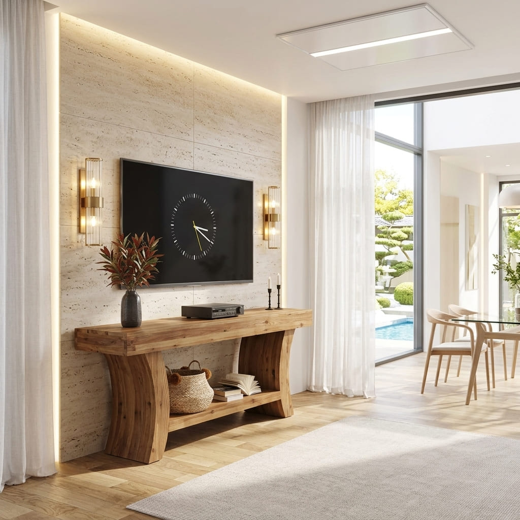 Natural wood TV stand creating a warm focal point in a family room