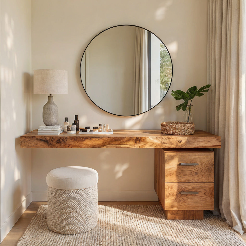 Rustic live edge vanity table displayed in an elegant bedroom interior