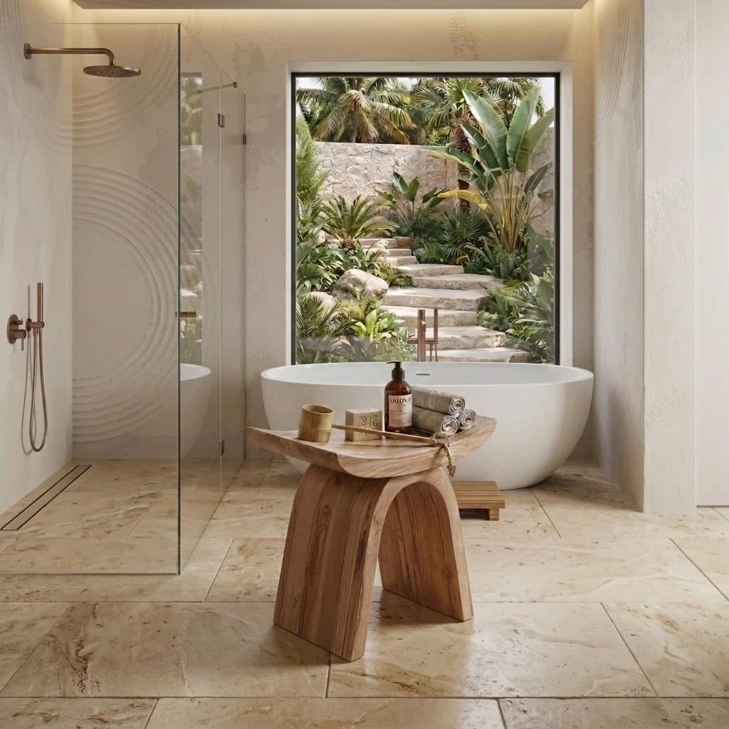 Organic modern shower stool crafted from premium solid wood with a sculptural base