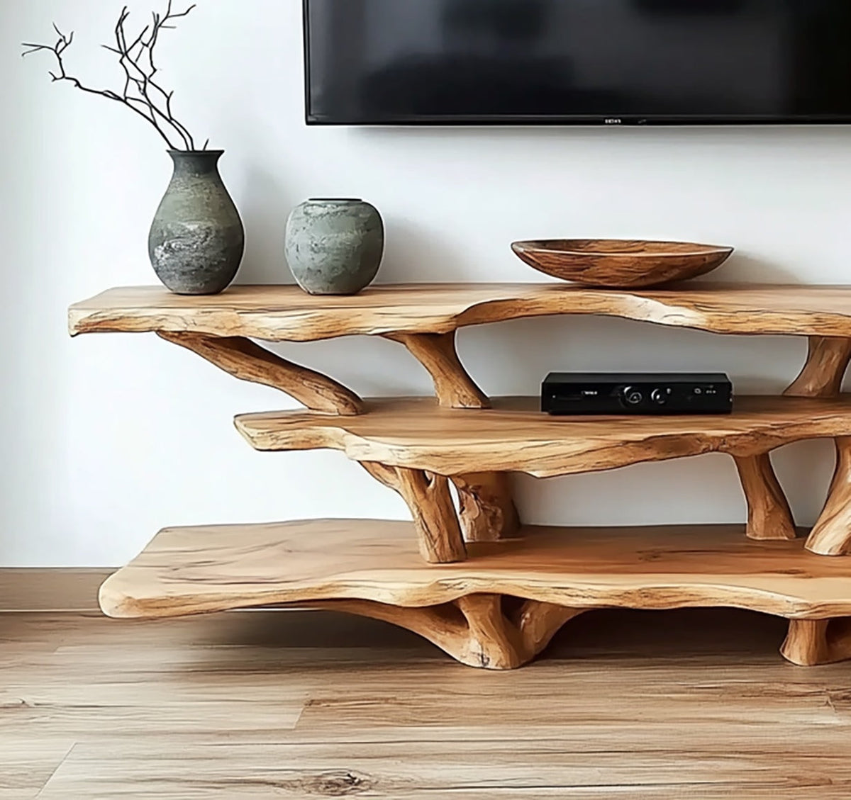 Sculptural solid wood TV stand with tree branch accents in a modern living room