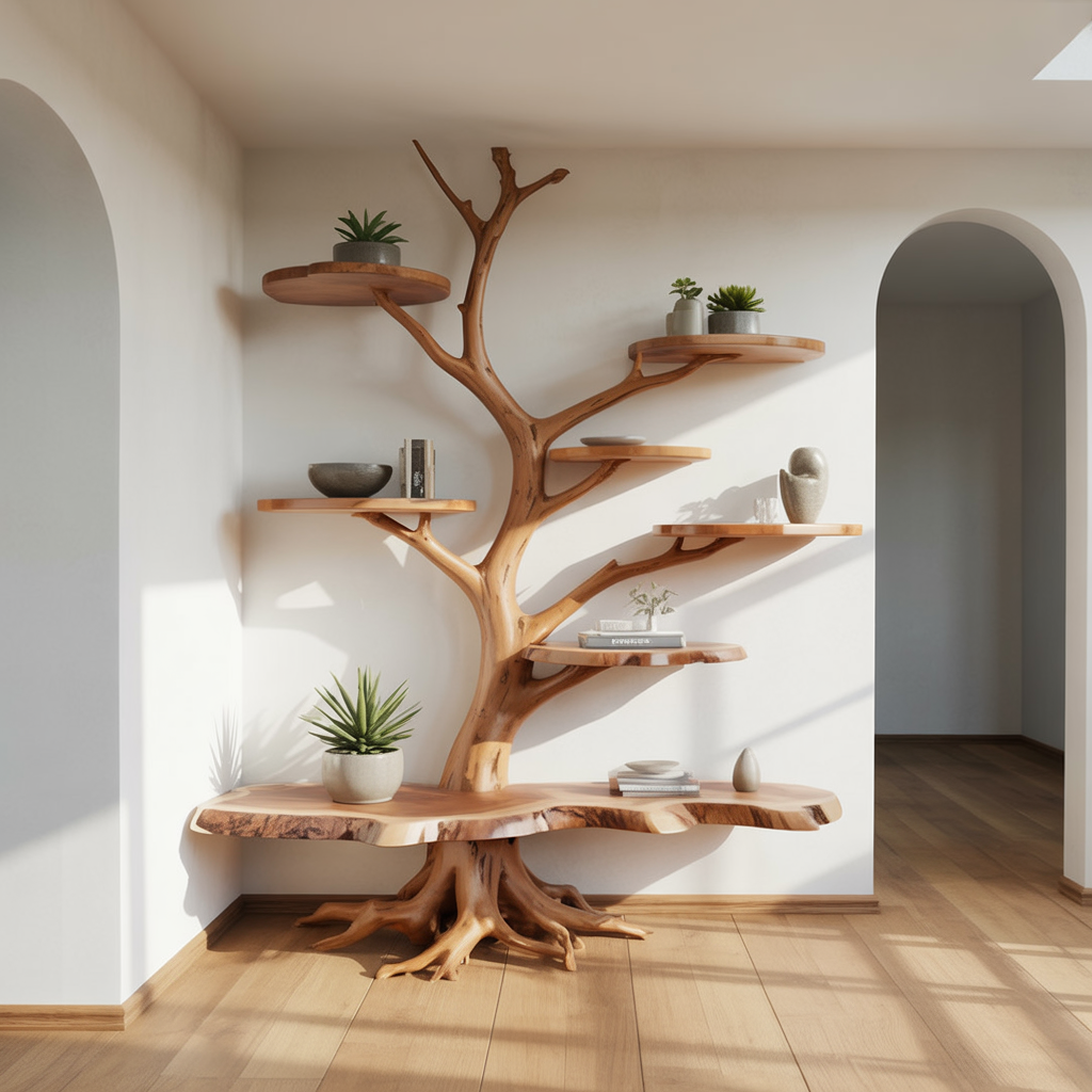 Wood tree bookshelf with an intricate root base next to an archway