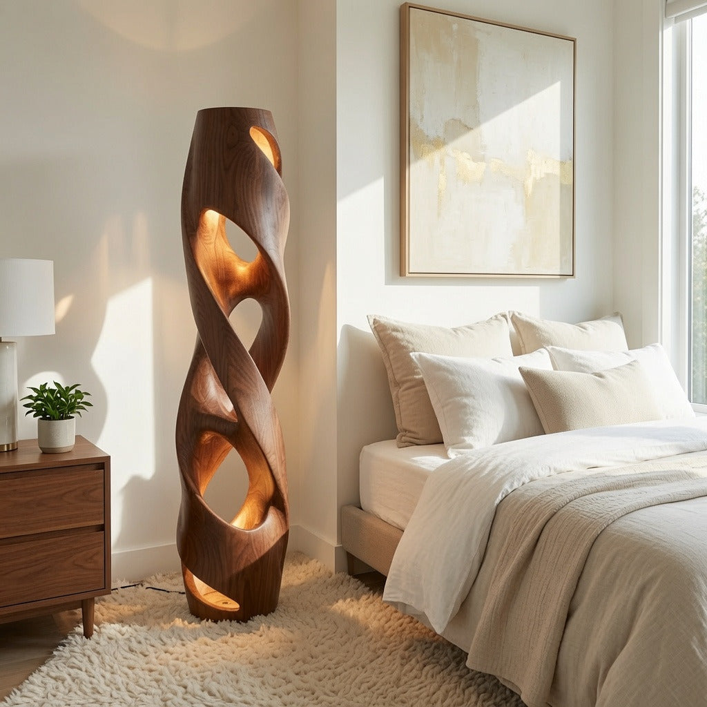 Handcrafted natural wood floor lamp creating warm ambient lighting
