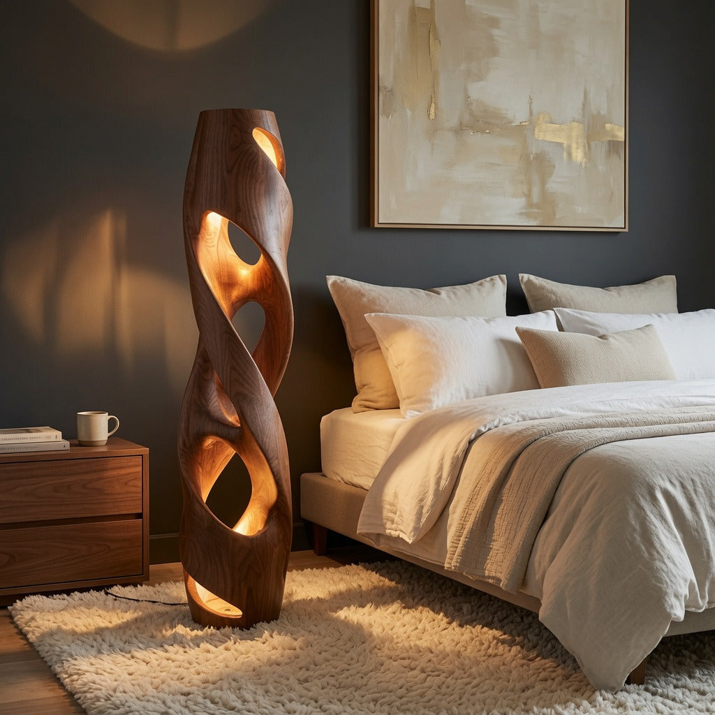 Organic sculptural floor lamp in solid wood