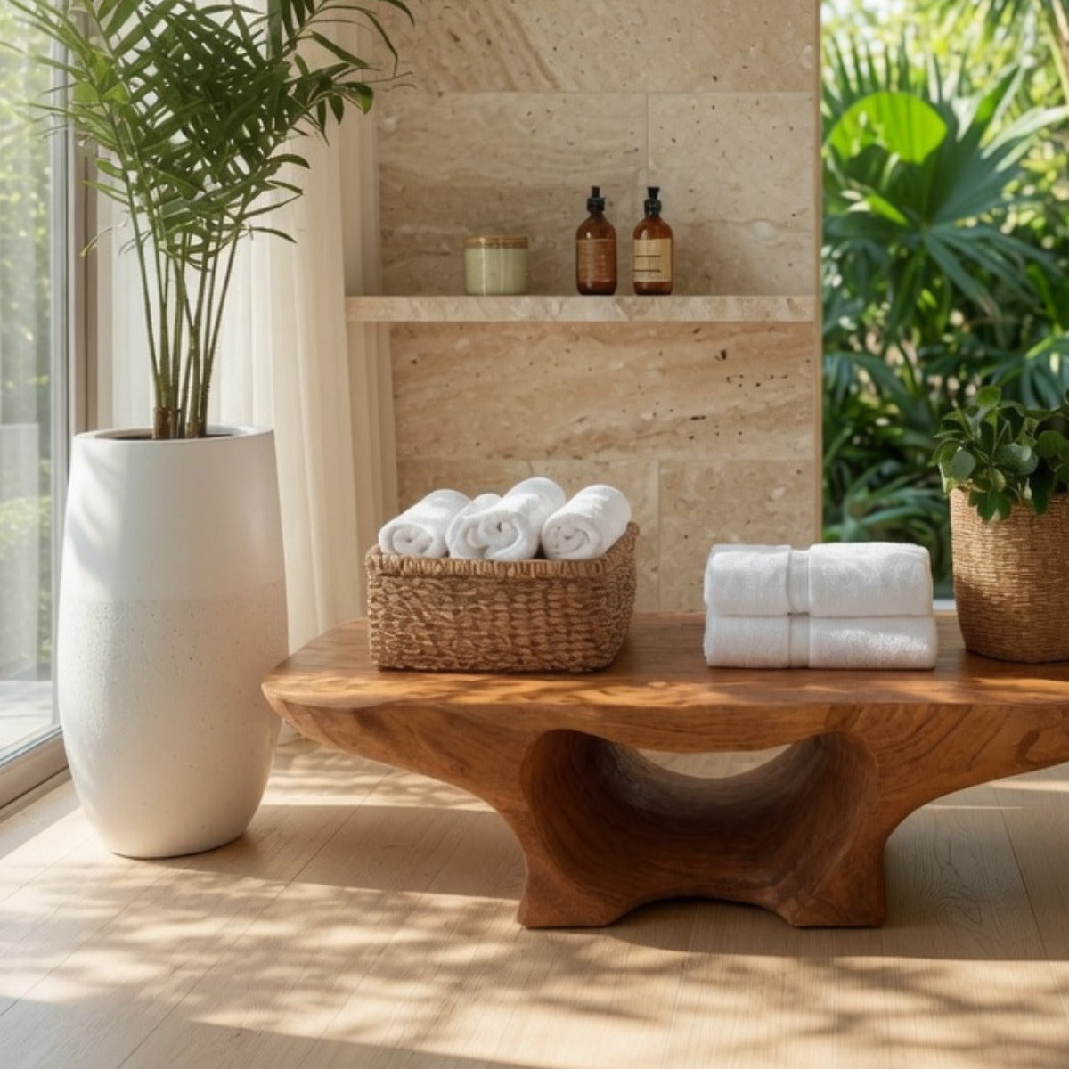 Handcrafted organic wooden shower bench