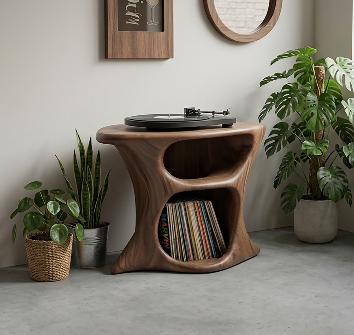 Sculptural solid wood record player table with integrated vinyl album storage