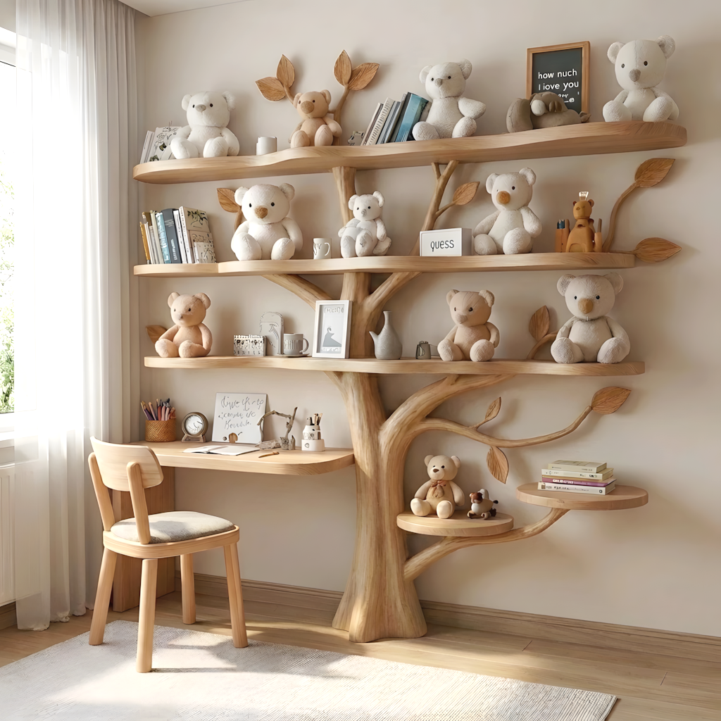 Solid wood wall shelf for whimsical baby room decor