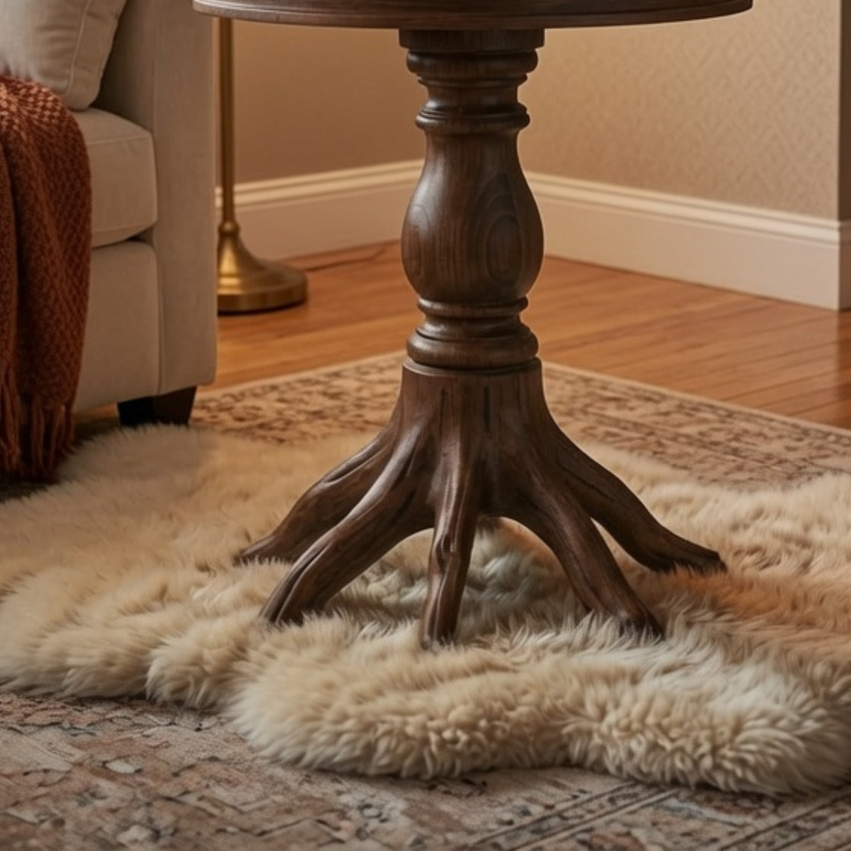 Rustic round solid wood accent table with tree root base