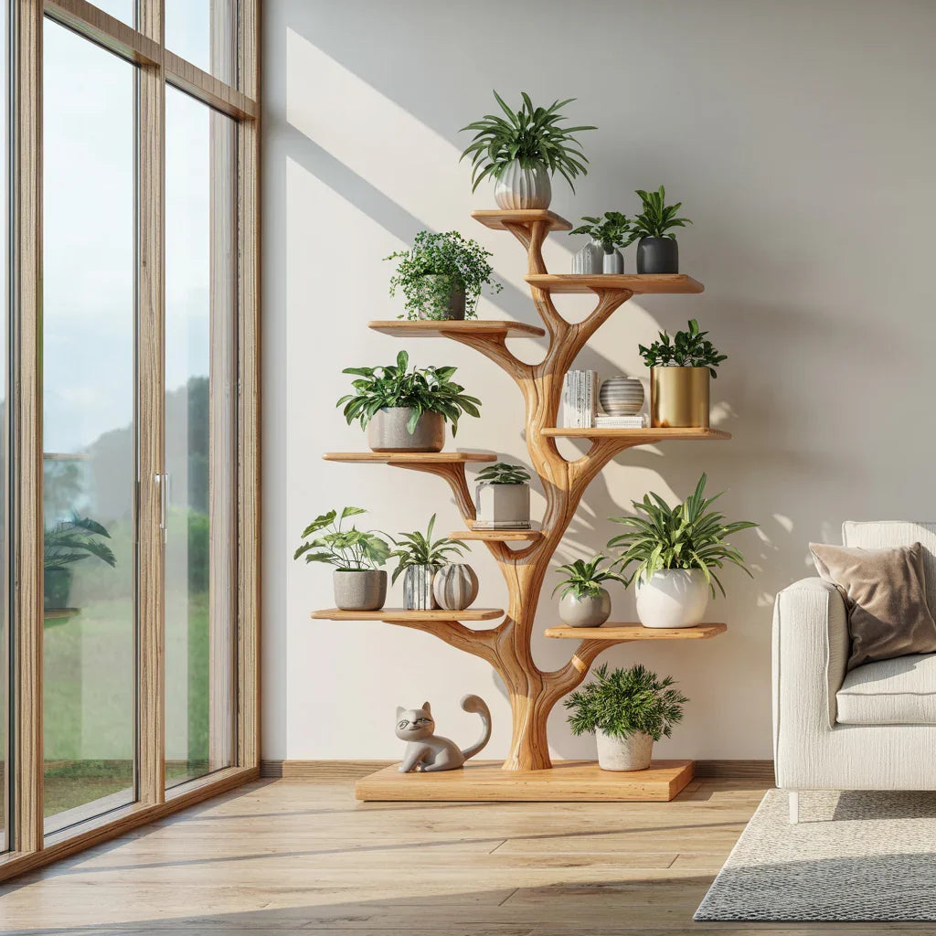 Rustic tree plant shelf with organic multi level plant display