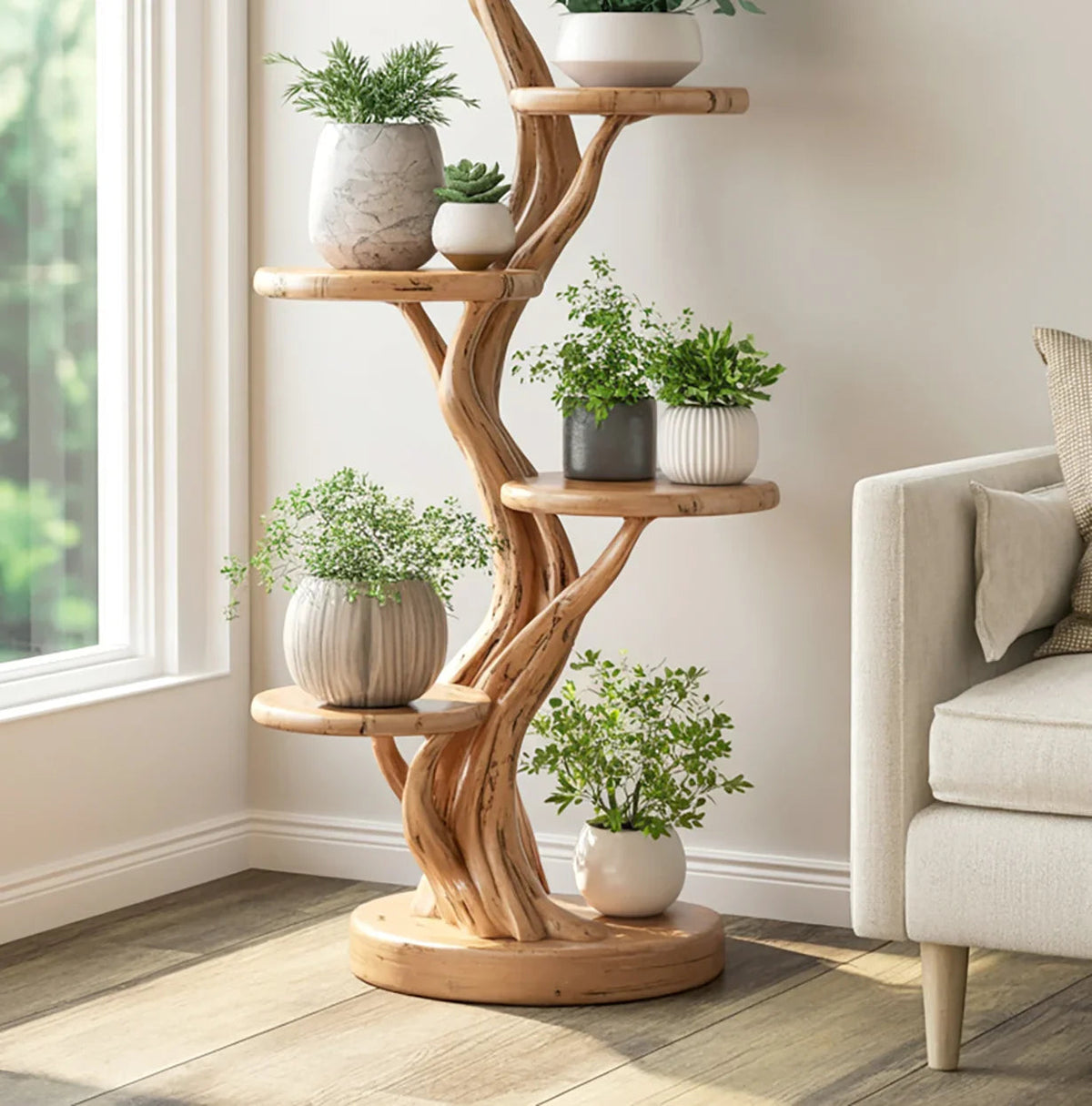 Wooden tree plant stand for indoor plants and home decor