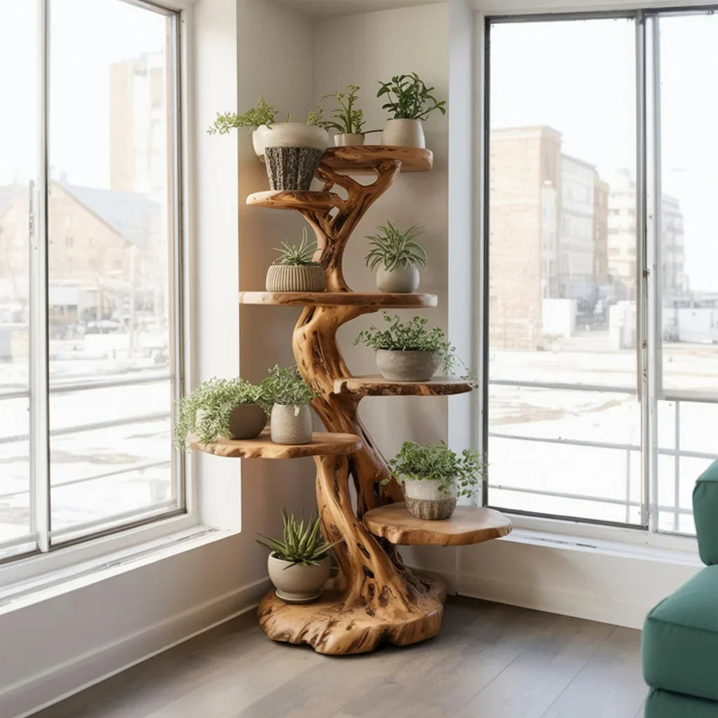 Midcentury wooden tree plant stand for home interior decor