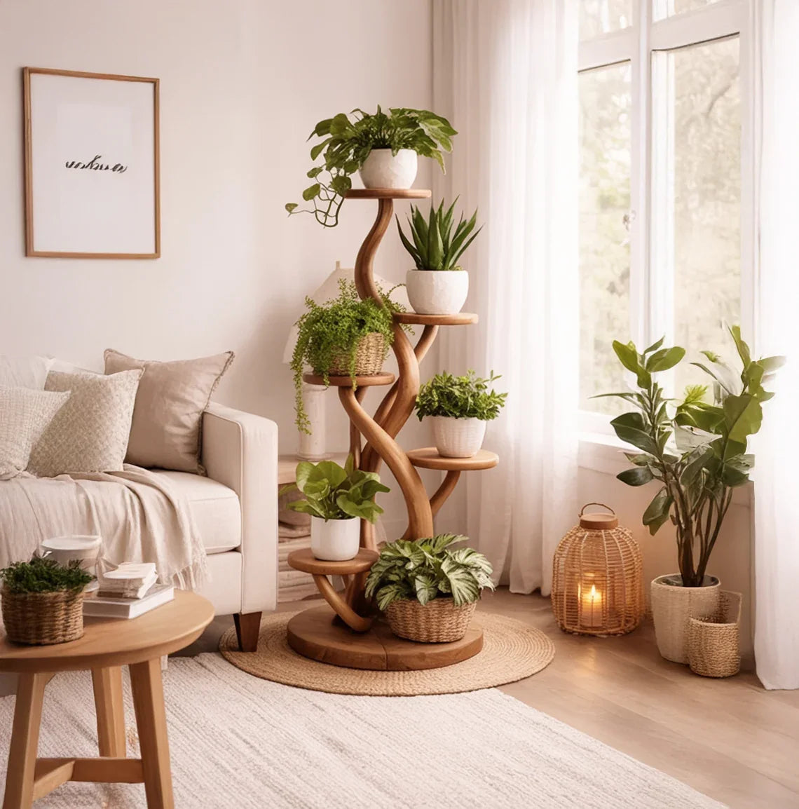 Handcrafted spiral tree plant stand for indoor plant display
