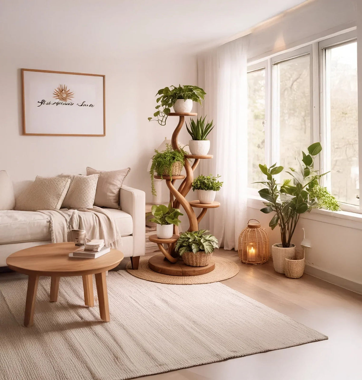 Rustic wooden plant stand with spiral tree design