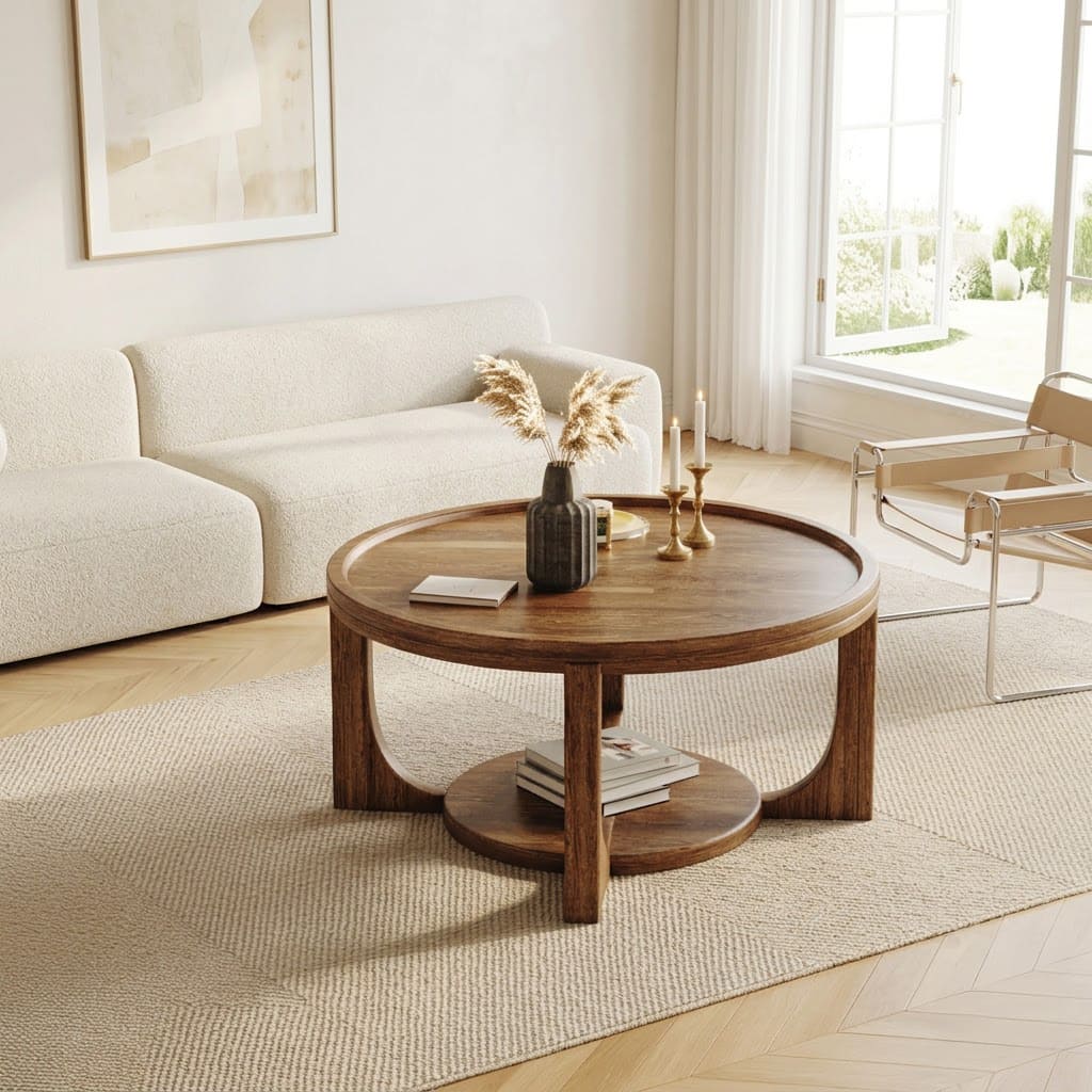 Solid wood round coffee table with tray top detail and two-tier storage for a contemporary home